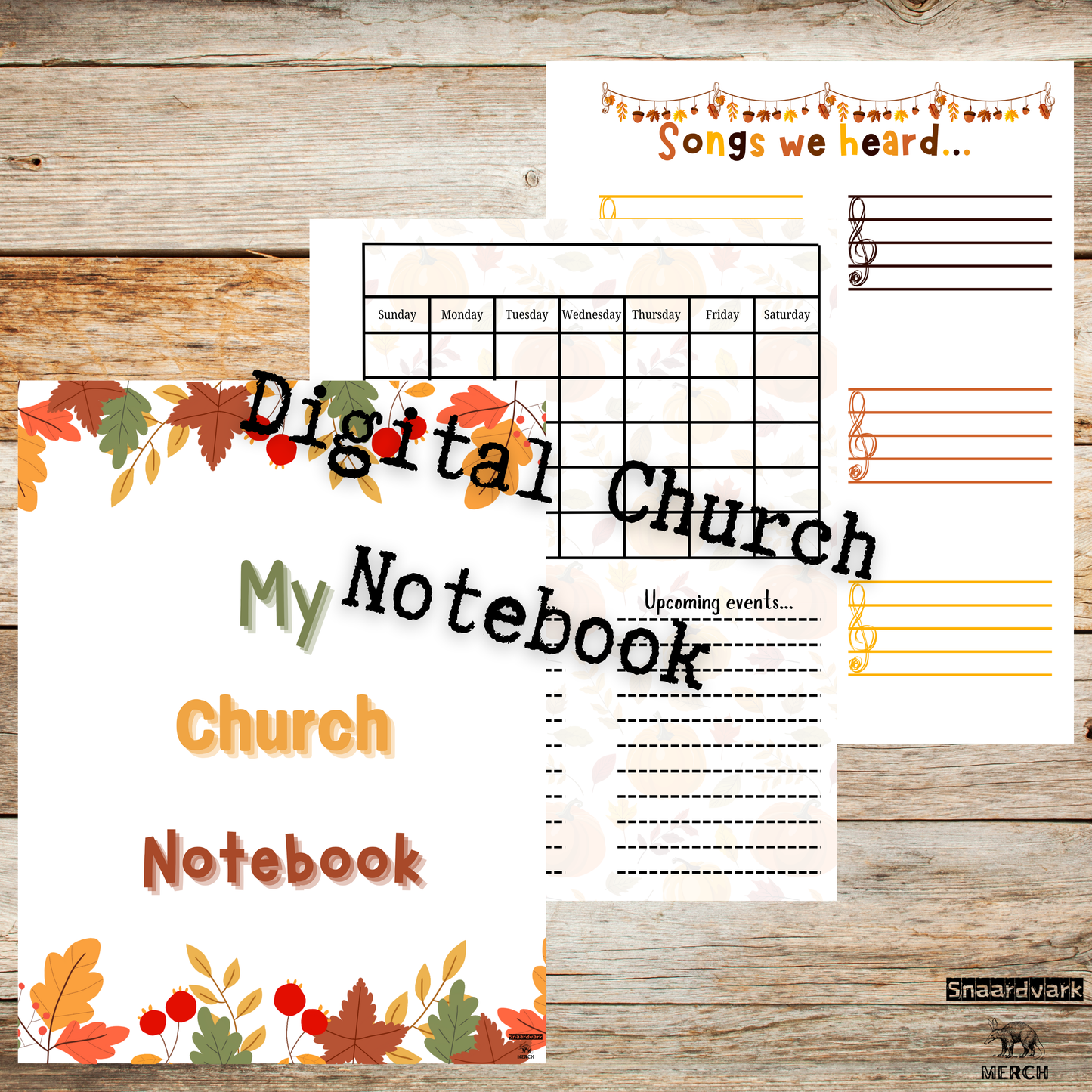 fall themed church notebook cover page, calendar page, and song list page