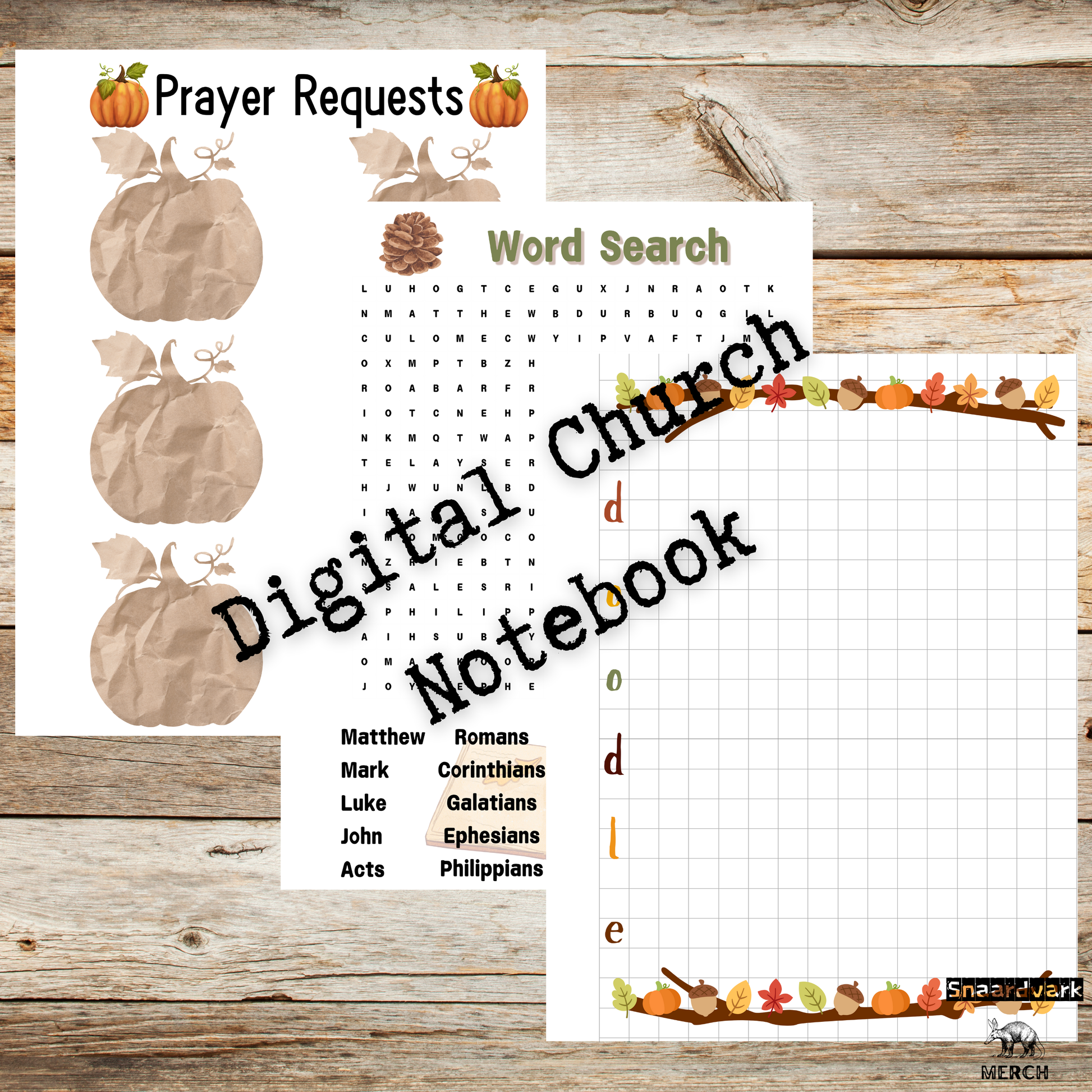 fall themed digital church notebook prayer request page, word search page, doodle page