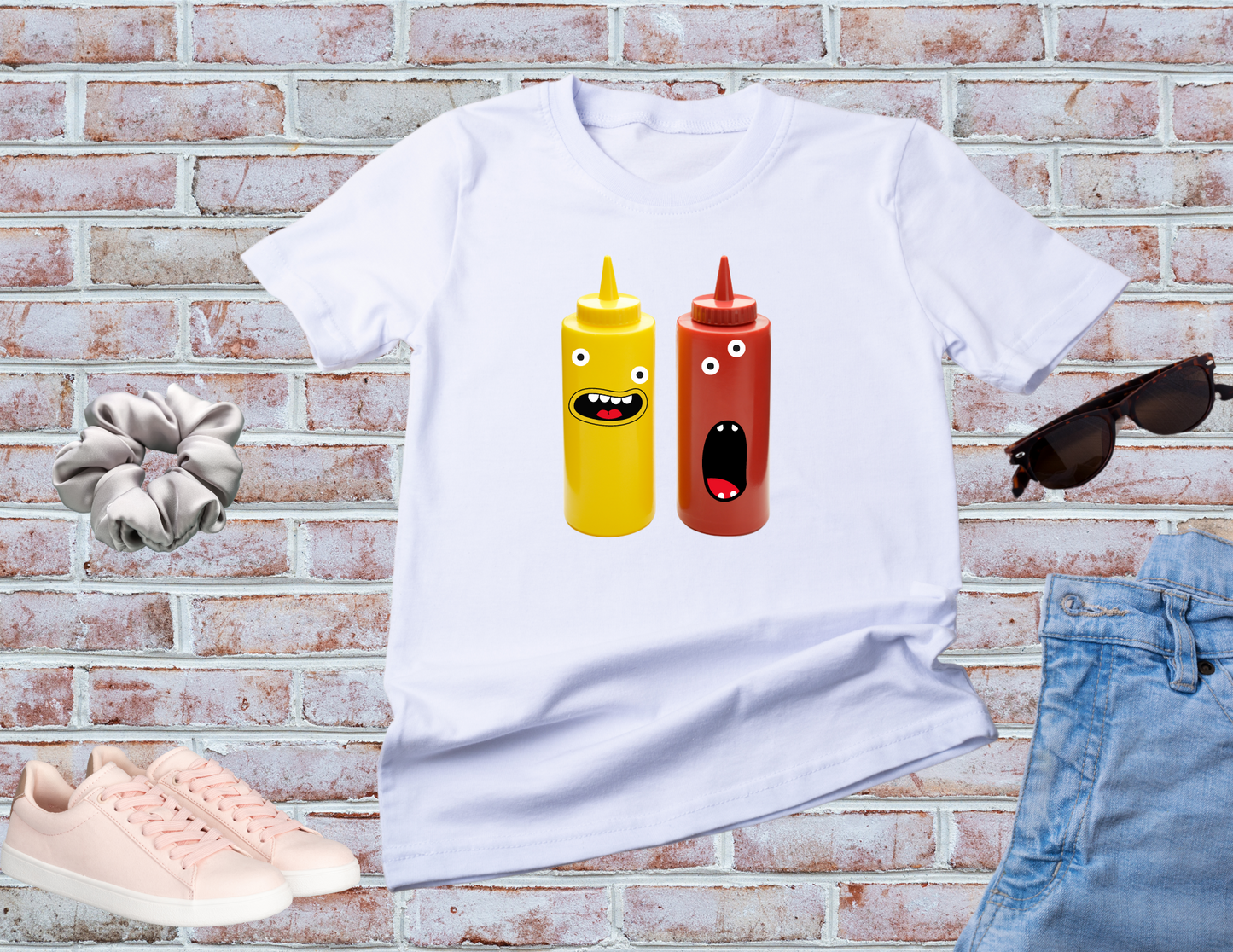 Graphic Tee for Condiment Enthusiasts, Ketchup and Mustard Shirt, Googly Eyes Shirt